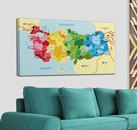 Türkiye Haritası Kanvas Tablo İl ve İlçeli Ayrıntılı Eğitici-Öğretici Komşulu Dekoratif Tablo 3021
