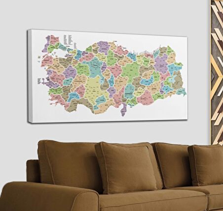 Türkiye Haritası Kanvas Tablo İl ve İlçeli Ayrıntılı Eğitici-Öğretici Dekoratif Tablo 3044