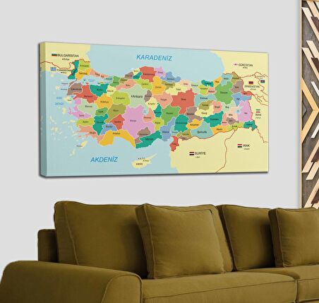 Türkiye Haritası Kanvas Tablo Sınır Komşulu Eğitici ve Öğretici Dekoratif Tablo 3096