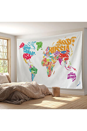 Renkli Ülke İsimli Dünya Haritası Kanvas Duvar Örtüsü-Halısı 1011