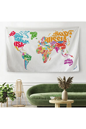 Renkli Ülke İsimli Dünya Haritası Kanvas Duvar Örtüsü-Halısı 1011