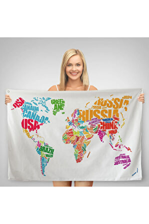 Renkli Ülke İsimli Dünya Haritası Kanvas Duvar Örtüsü-Halısı 1011