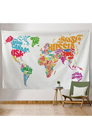 Renkli Ülke İsimli Dünya Haritası Kanvas Duvar Örtüsü-Halısı 1011