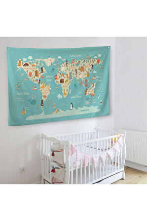 Hayvanlar Alemi Çocuk Odası Dünya Haritası Kanvas Duvar Örtüsü-Halısı 1013