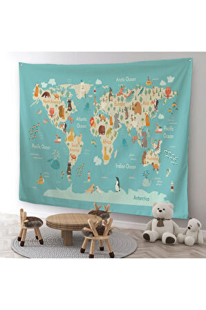 Hayvanlar Alemi Çocuk Odası Dünya Haritası Kanvas Duvar Örtüsü-Halısı 1013
