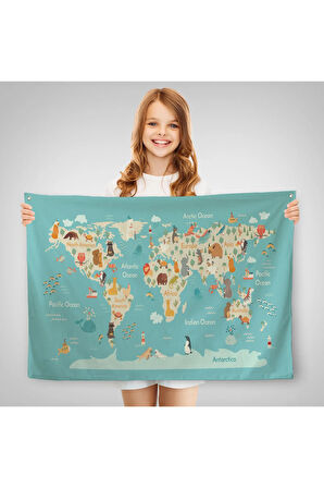 Hayvanlar Alemi Çocuk Odası Dünya Haritası Kanvas Duvar Örtüsü-Halısı 1013