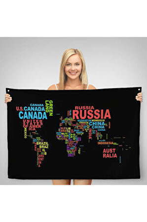 Siyah Zeminli Ülke İsimli Dünya Haritası Kanvas Duvar Örtüsü-Halısı 1015