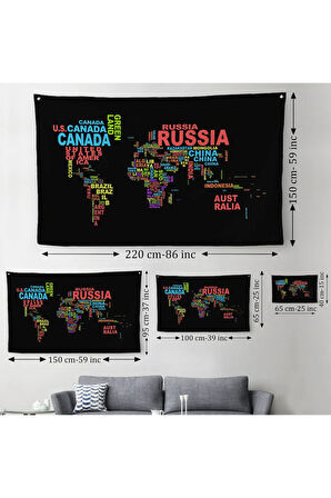 Siyah Zeminli Ülke İsimli Dünya Haritası Kanvas Duvar Örtüsü-Halısı 1015