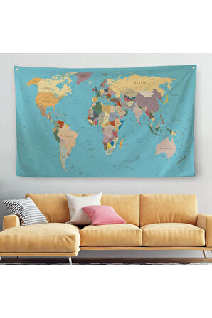 Dekoratif Kanvas Duvar Örtüsü-Halısı Dünya Haritası Mavi Zemin 1032