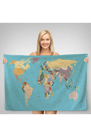 Dekoratif Kanvas Duvar Örtüsü-Halısı Dünya Haritası Mavi Zemin 1032