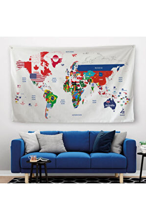 Dünya Haritası Bayrak Desenli Dekoratif Kanvas Duvar Örtüsü-Halısı 1043