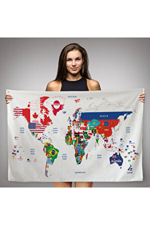 Dünya Haritası Bayrak Desenli Dekoratif Kanvas Duvar Örtüsü-Halısı 1043