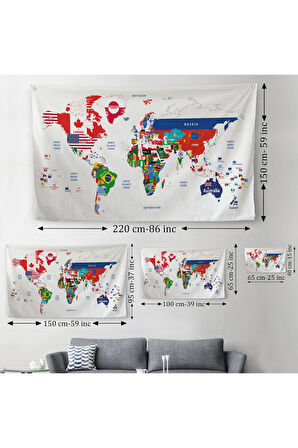 Dünya Haritası Bayrak Desenli Dekoratif Kanvas Duvar Örtüsü-Halısı 1043