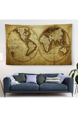 Eskitme Dünya Haritası Vintage Dekoratif Kanvas Duvar Örtüsü-Halısı 1105