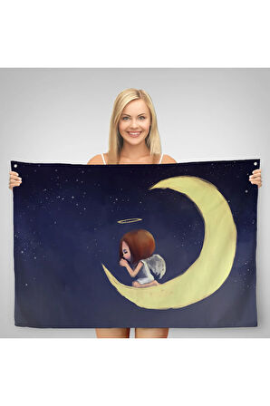 Ay'da Diz Çöküp Dua Eden Melek Kızın Duvar Örtüsü-Halısı-1210