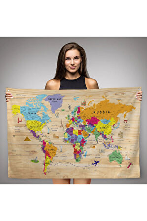 Ahşap Görünümlü Eğitici Detaylı Atlası Dekoratif Dünya Haritası Duvar Örtüsü-halısı 3842