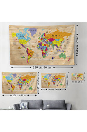 Ahşap Görünümlü Eğitici Detaylı Atlası Dekoratif Dünya Haritası Duvar Örtüsü-halısı 3842