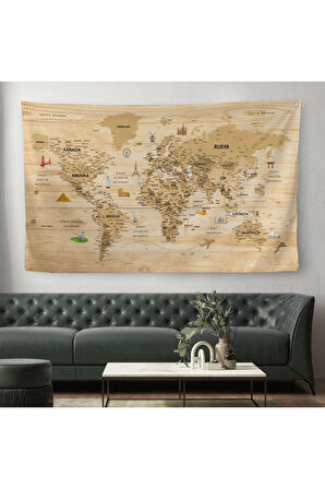 Ahşap Görünümlü Türkçe Eğitici Detaylı Atlası Dekoratif Dünya Haritası Duvar Örtüsü-halısı 3843