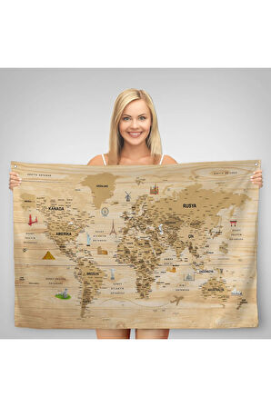 Ahşap Görünümlü Türkçe Eğitici Detaylı Atlası Dekoratif Dünya Haritası Duvar Örtüsü-halısı 3843