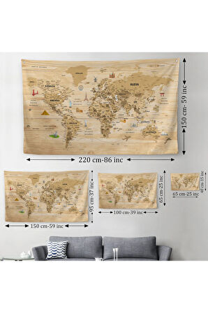 Ahşap Görünümlü Türkçe Eğitici Detaylı Atlası Dekoratif Dünya Haritası Duvar Örtüsü-halısı 3843