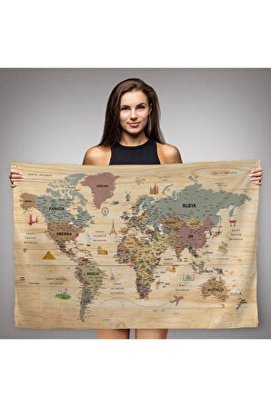 Ahşap Görünümlü Türkçe Eğitici Detaylı Atlası Dekoratif Dünya Haritası Duvar Örtüsü-halısı 3844