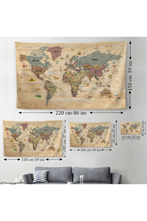 Ahşap Görünümlü Türkçe Eğitici Detaylı Atlası Dekoratif Dünya Haritası Duvar Örtüsü-halısı 3844