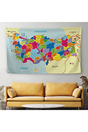 Eğitici Ve Öğretici Detaylı Dekoratif Komşulu Türkiye Haritası Duvar Örtüsü-halısı 3845
