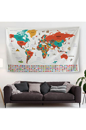 Türkçe Ülke Bayraklıeğitici Başkent Detaylı Atlası Dünya Haritası Duvar Örtüsü-halısı 3858