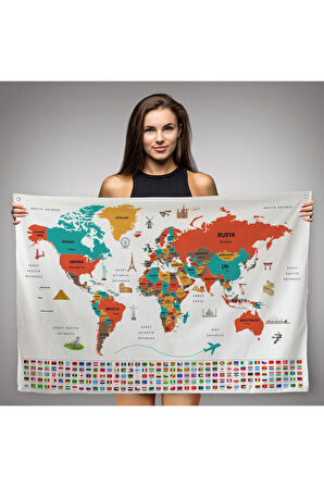 Türkçe Ülke Bayraklıeğitici Başkent Detaylı Atlası Dünya Haritası Duvar Örtüsü-halısı 3858