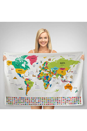 Türkçe Ülke Bayraklı Eğitici Başkent Detaylı Atlası Dünya Haritası Duvar Örtüsü-halısı 3860