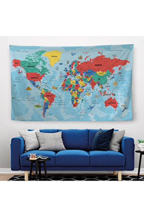 Türkçe Eğitici Ülke Ve Başkent Okyanus Detaylı Atlas Dünya Haritası Duvar Örtüsü-halısı 3863