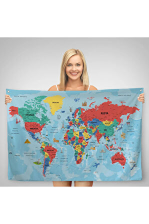 Türkçe Eğitici Ülke Ve Başkent Okyanus Detaylı Atlas Dünya Haritası Duvar Örtüsü-halısı 3863