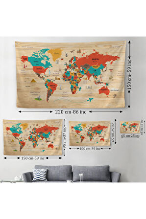 Ahşap Görünümlü Türkçe Eğitici Detaylı Atlası Dekoratif Dünya Haritası Duvar Örtüsü-halısı 3867