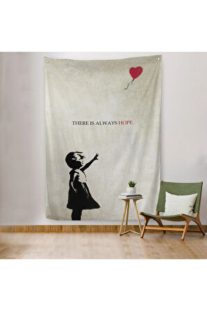 Banksy Kırmızı Balonlu Kız Dekoratif Modern Duvar Örtüsü - Halısı -4962