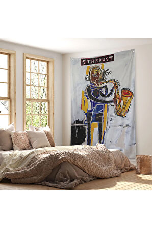ean Michel Basquiat Stardust Saksafon Duvar Örtüsü - Halısı, Sokak sanatı, Pop Art -4963