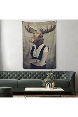 Geyik Kafalı İnsan Duvar Örtüsü - Halısı -4984