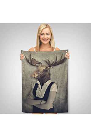 Geyik Kafalı İnsan Duvar Örtüsü - Halısı -4984