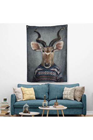 Antilop Kafalı İnsan Duvar Örtüsü - Halısı-4996