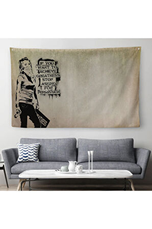 Banksy, Büyük İşler Yapmak İstiyorsanız İzin İstemeyi Bırakın Yazan Duvar Örtüsü-Halısı-5003
