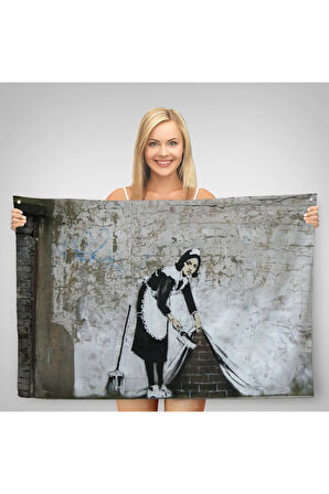 Banksy'nin Londra Sokaklarını Süpüren Temizlikçi Kadın Kanvas Duvar Örtüsü-Halısı-5004
