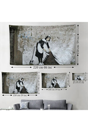 Banksy'nin Londra Sokaklarını Süpüren Temizlikçi Kadın Kanvas Duvar Örtüsü-Halısı-5004