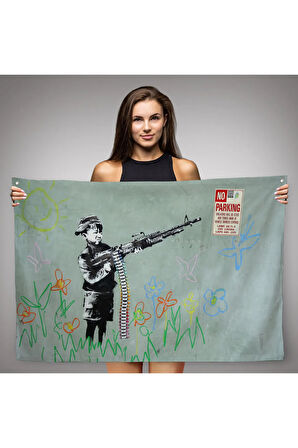 Bansky'nin Makineli Tüfekli Çocuk İsimli Eseri Kanvas Duvar Örtüsü-Halısı, No Parking-5008