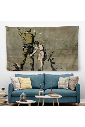 Bansky'nin Askeri Arayan Küçük Kız Eseri Kanvas Duvar Örtüsü-Halısı-5013