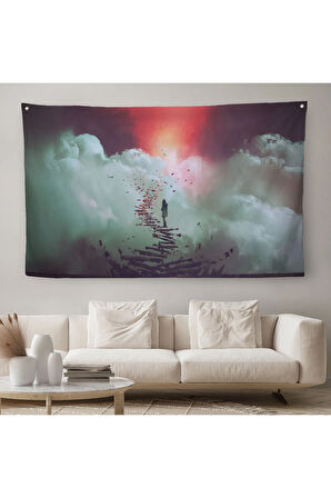 Gökyüzüne Giden Kırık Merdivenlerde Duran Genç Kadın Kanvas Duvar Örtüsü-Halısı-5029
