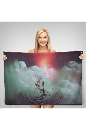 Gökyüzüne Giden Kırık Merdivenlerde Duran Genç Kadın Kanvas Duvar Örtüsü-Halısı-5029