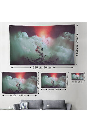 Gökyüzüne Giden Kırık Merdivenlerde Duran Genç Kadın Kanvas Duvar Örtüsü-Halısı-5029