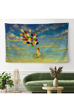 Renkli Balonlar İle Uçan Bisikletli Kız Kanvas Duvar Örtüsü-Halısı-5036
