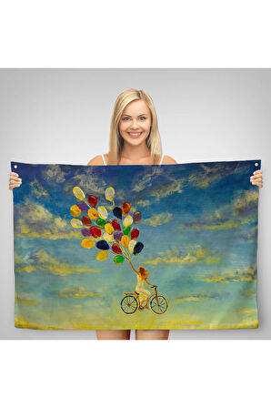 Renkli Balonlar İle Uçan Bisikletli Kız Kanvas Duvar Örtüsü-Halısı-5036