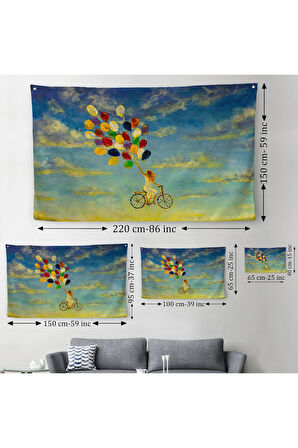 Renkli Balonlar İle Uçan Bisikletli Kız Kanvas Duvar Örtüsü-Halısı-5036