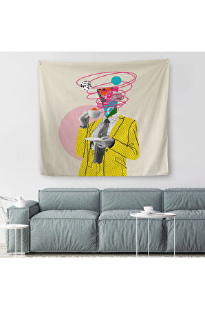 Çizgi Roman Kahramanı Kahvesini Yudumluyor Pop Art Kanvas Duvar Örtüsü-Halısı-5066